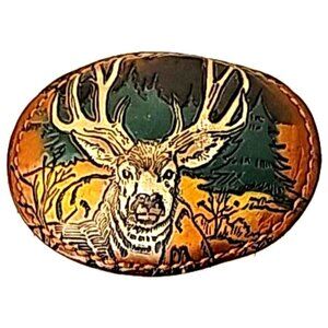 Vintage Torel Leather Embossed And Painted Deer Belt Buckle #3746 Yoakum Texas M